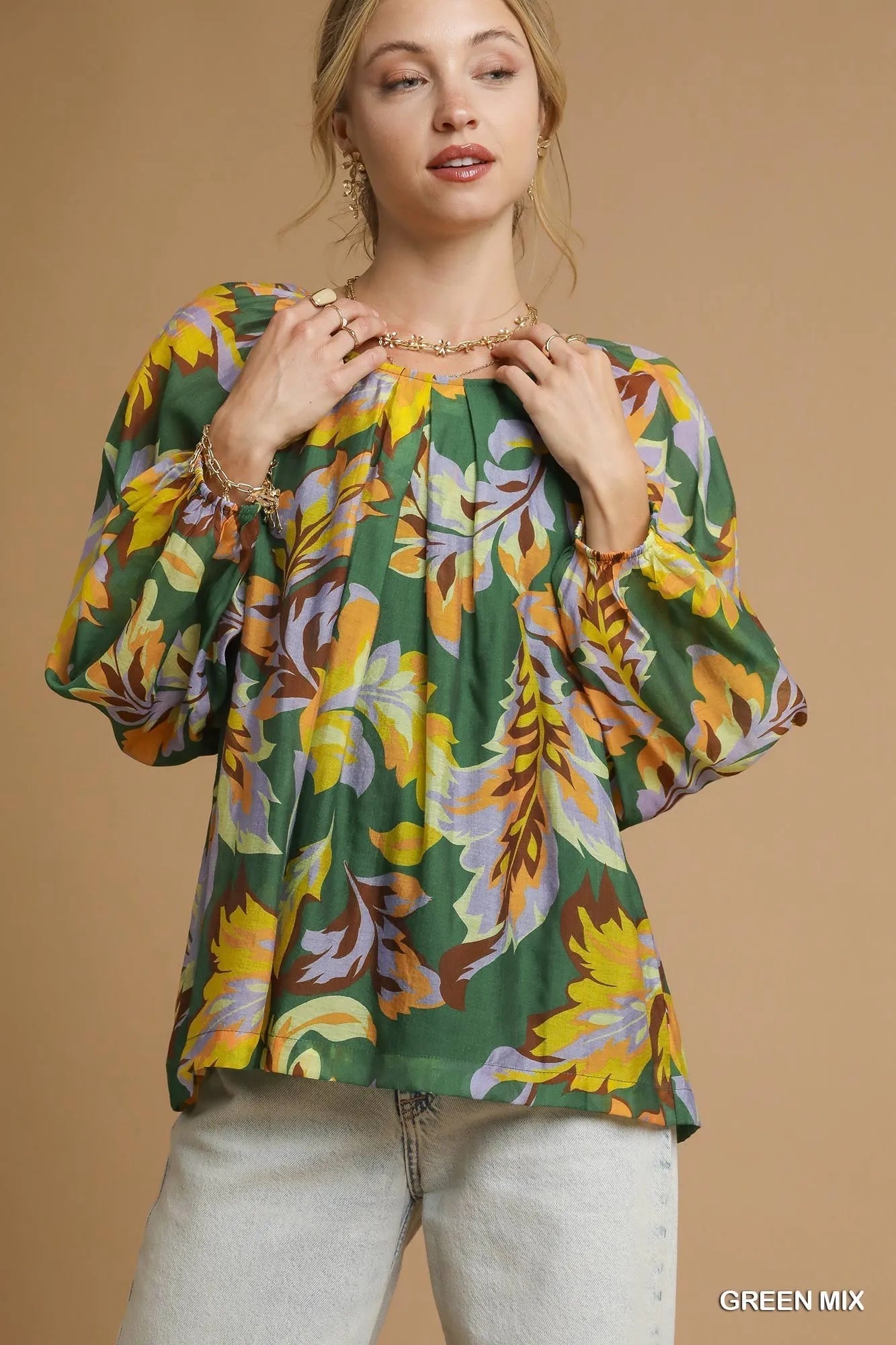 Umgee Mix Abstract Print Balloon Sleeve Blouse - Blu Lotus Boutique
