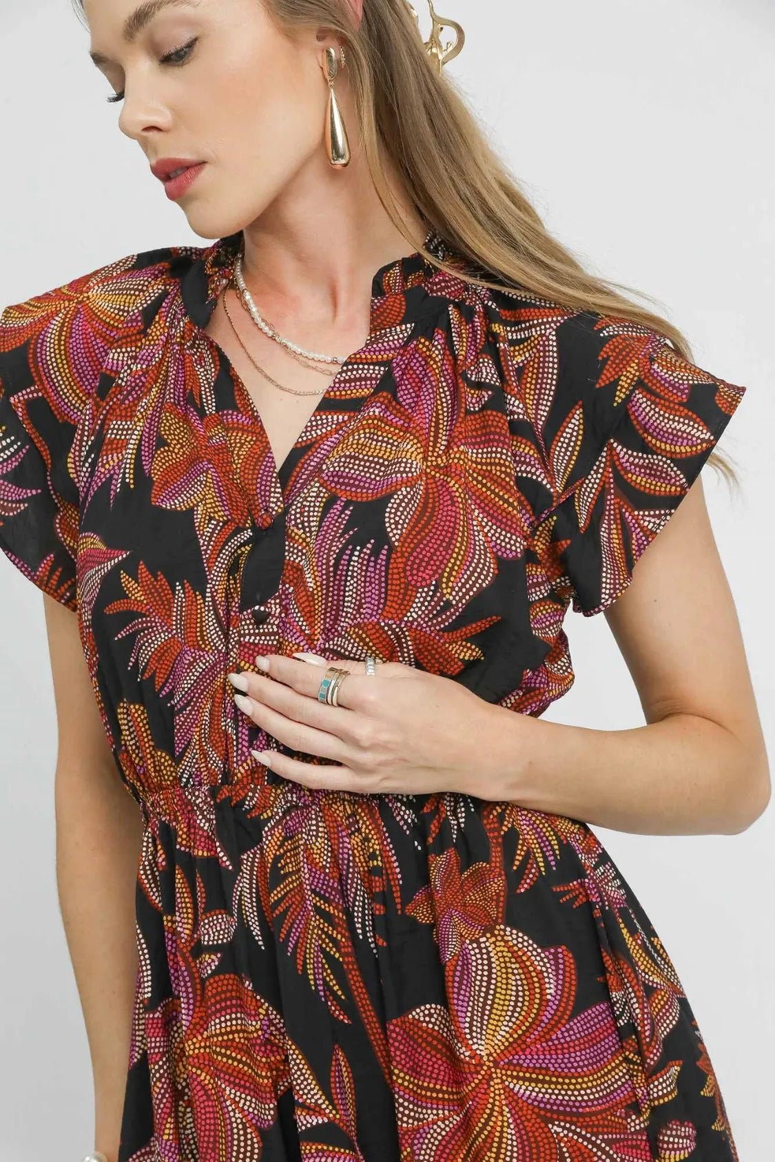 Umgee Mix Ruffle Sleeve Tropical Midi Dress - Blu Lotus Boutique
