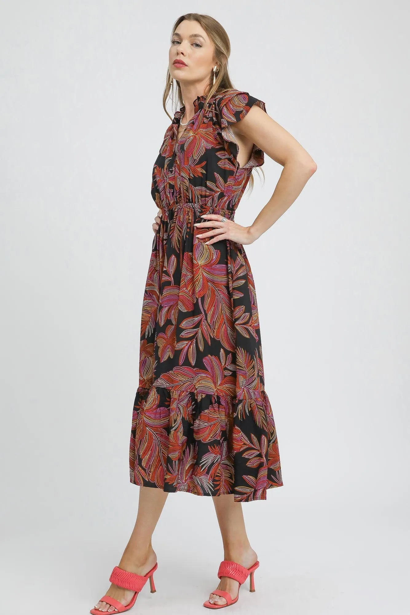 Umgee Mix Ruffle Sleeve Tropical Midi Dress - Blu Lotus Boutique