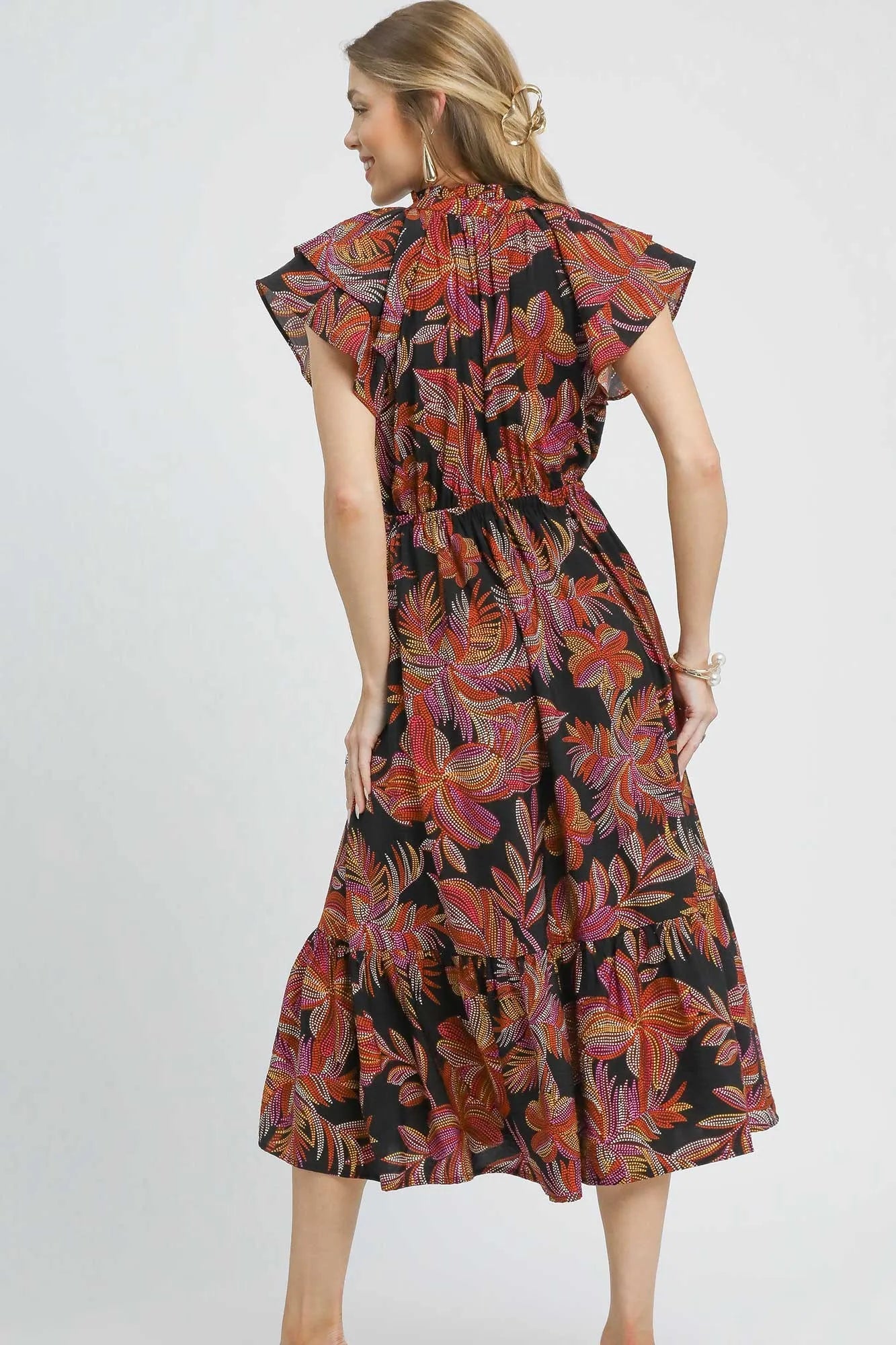 Umgee Mix Ruffle Sleeve Tropical Midi Dress - Blu Lotus Boutique