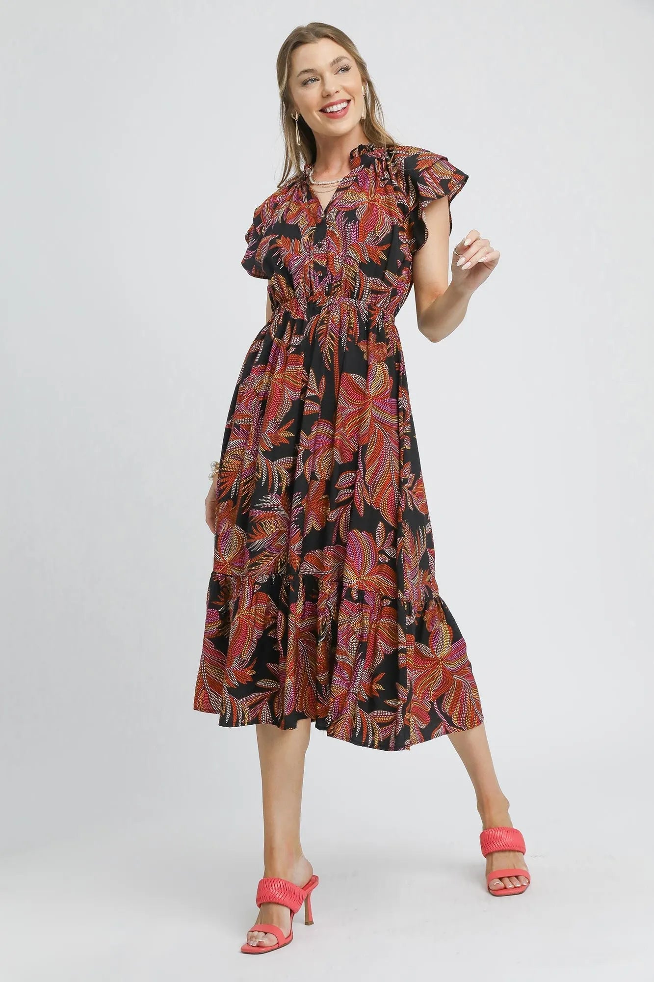 Umgee Mix Ruffle Sleeve Tropical Midi Dress - Blu Lotus Boutique