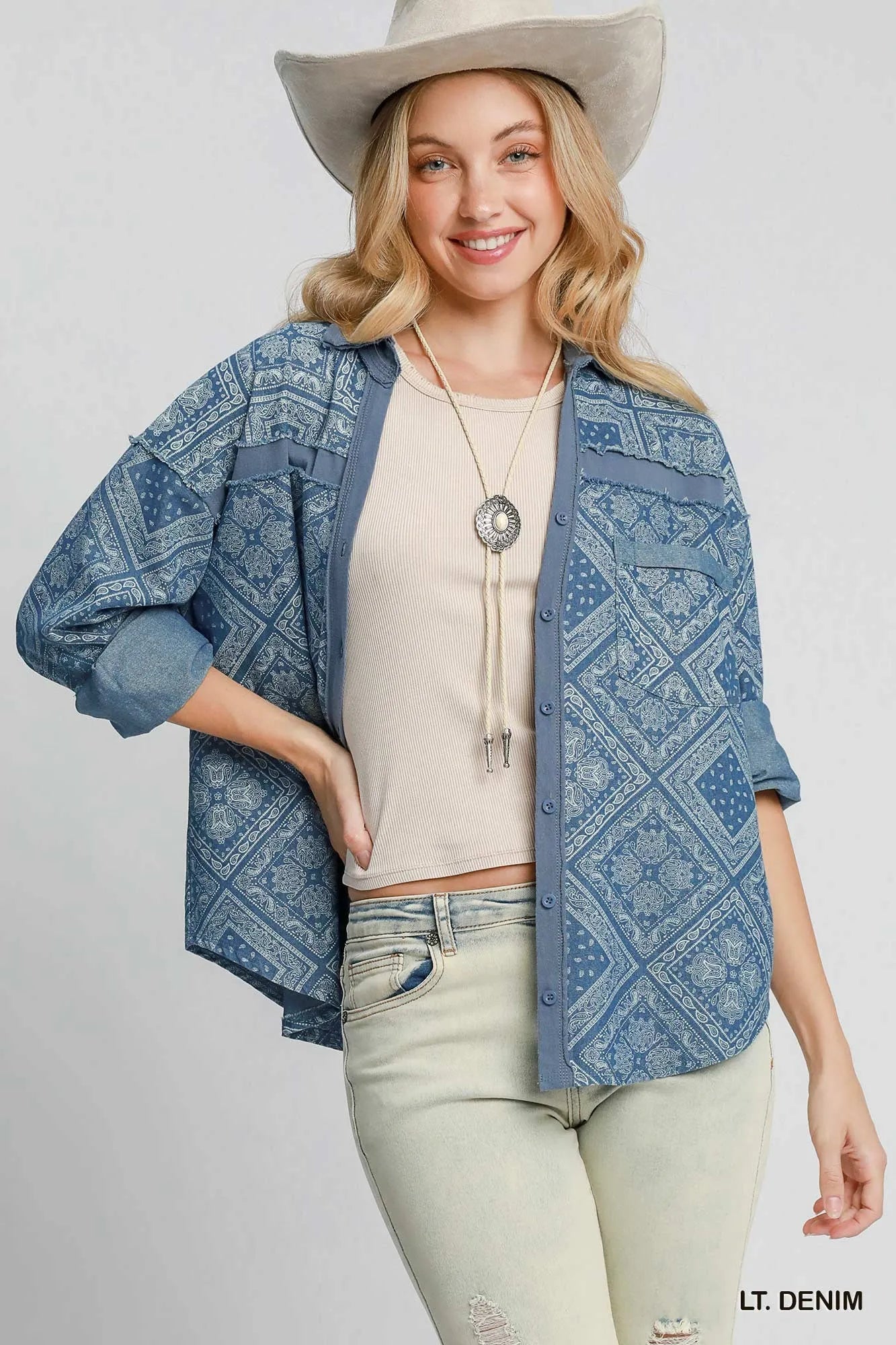 Umgee Paisley Print Denim Shirt Jacket - Blu Lotus Boutique