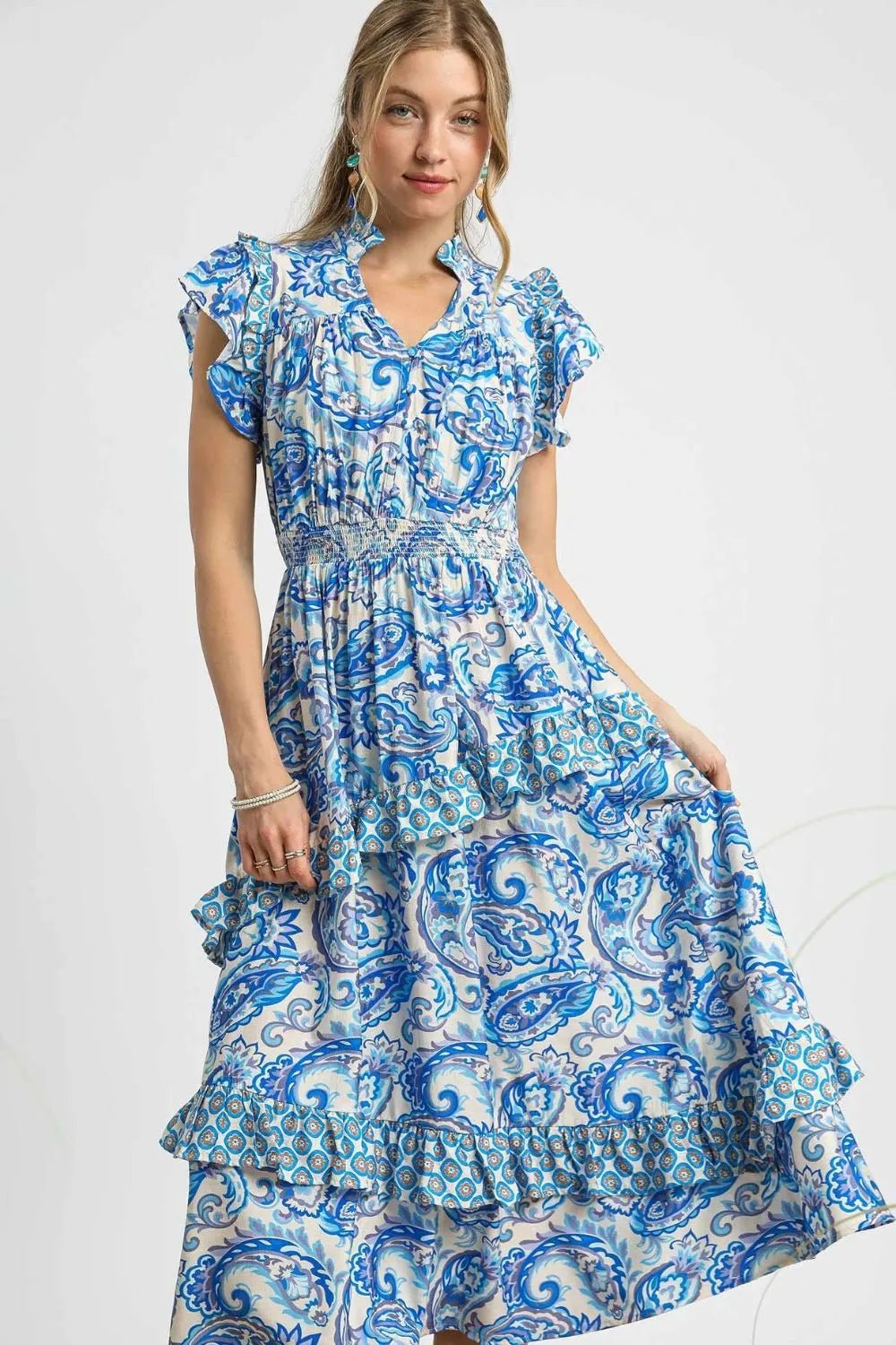 Umgee Paisley Print Ruffle Sleeve Midi Dress - Blu Lotus Boutique