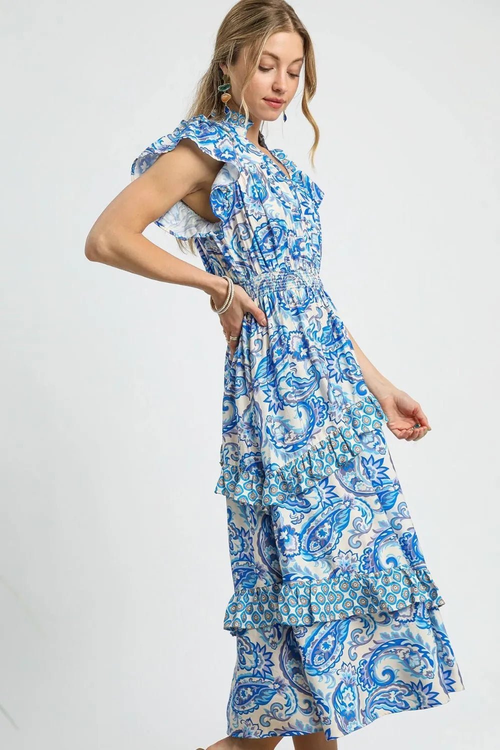 Umgee Paisley Print Ruffle Sleeve Midi Dress - Blu Lotus Boutique
