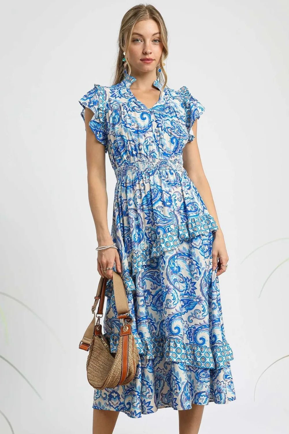 Umgee Paisley Print Ruffle Sleeve Midi Dress - Blu Lotus Boutique