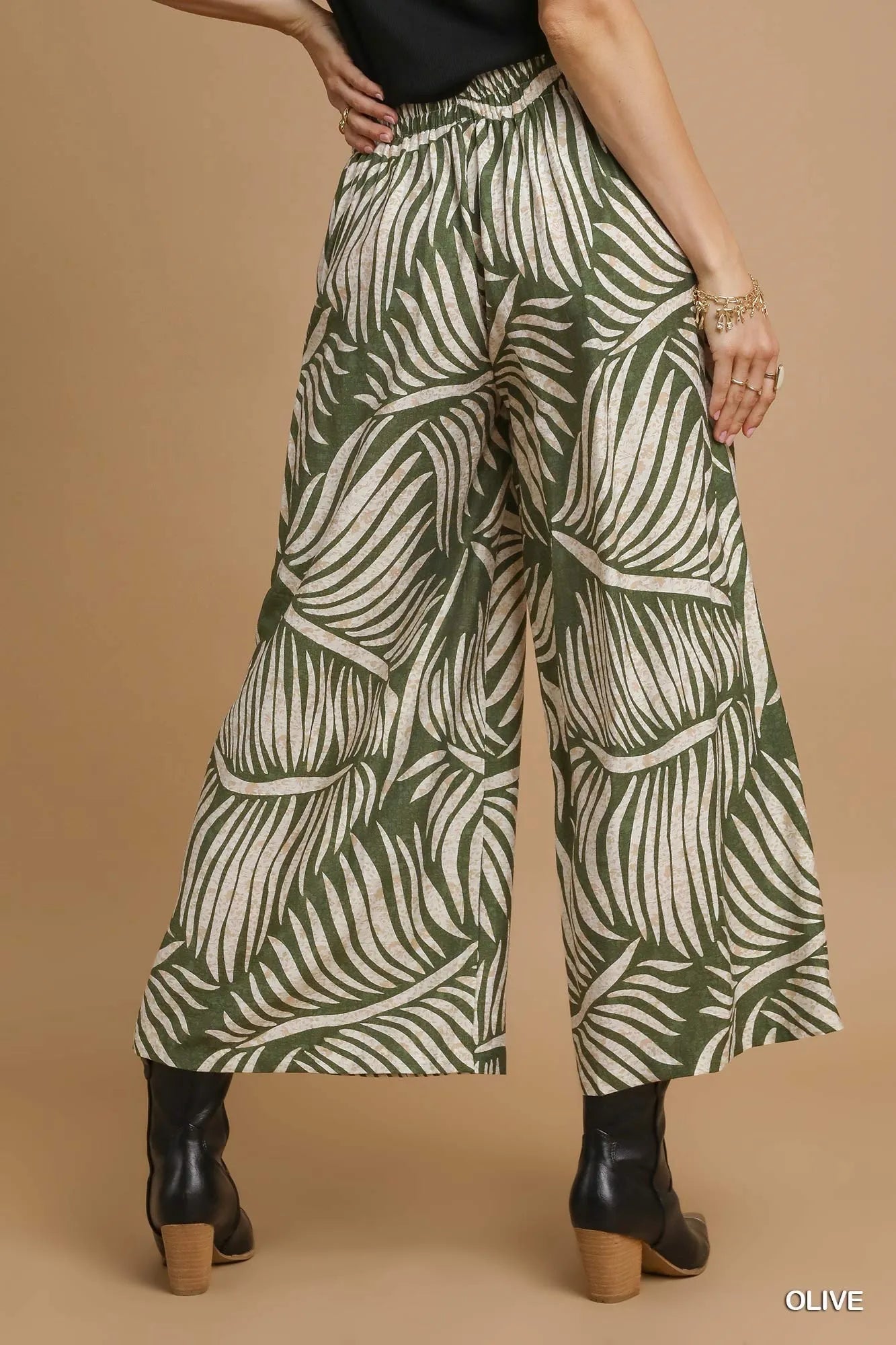 Umgee Palm Leaf Print Wide Leg Culotte Pants - Blu Lotus Boutique