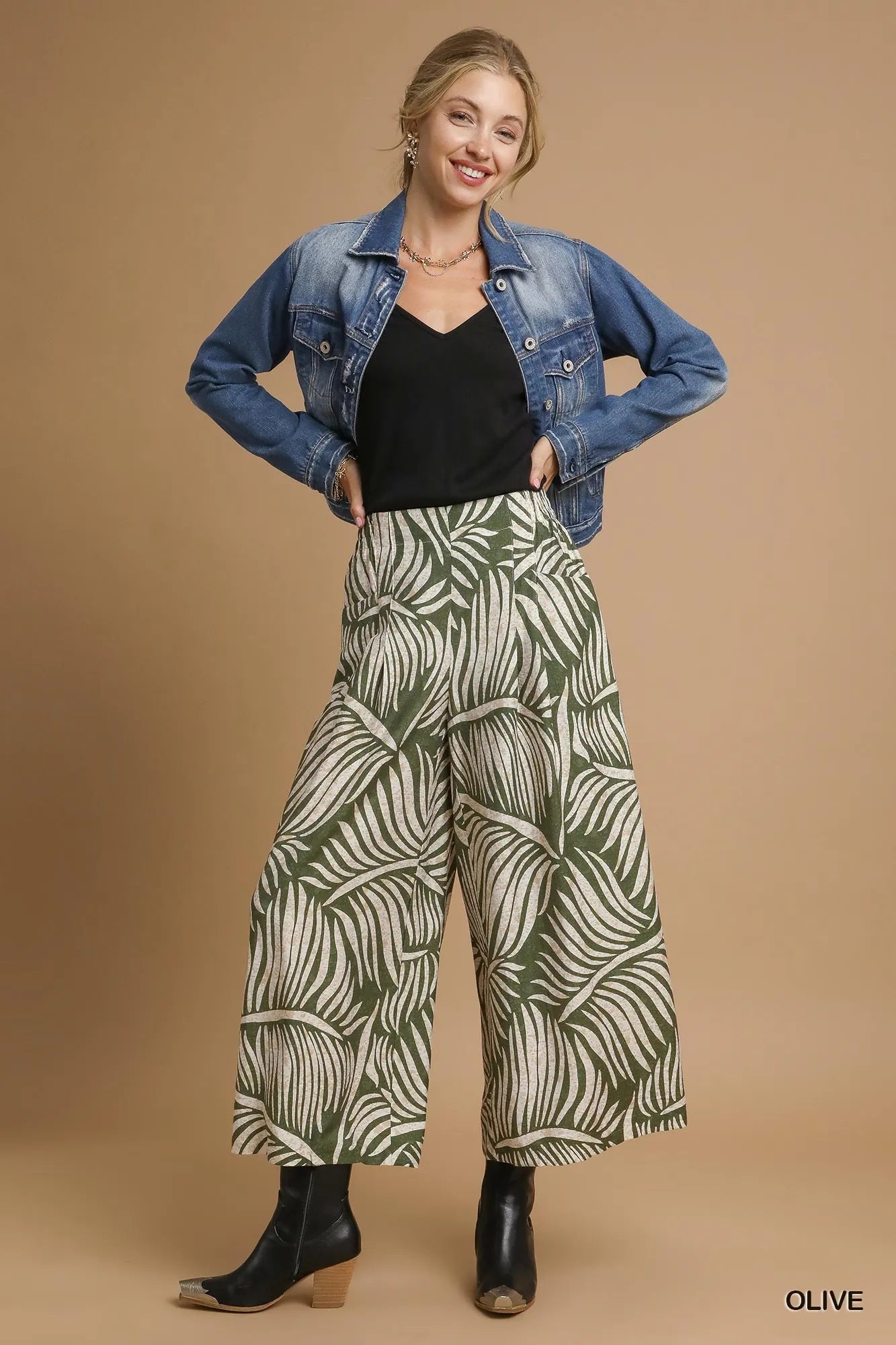Umgee Palm Leaf Print Wide Leg Culotte Pants - Blu Lotus Boutique