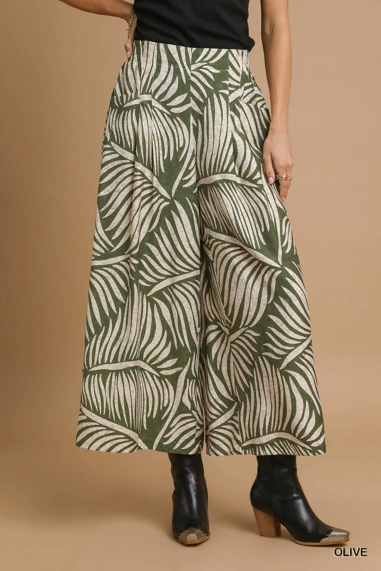 Umgee Palm Leaf Print Wide Leg Culotte Pants - Blu Lotus Boutique
