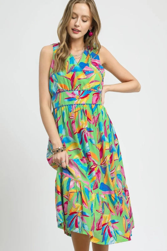 Umgee Ruffled Hem Printed Sleeveless Midi Dress - Blu Lotus Boutique