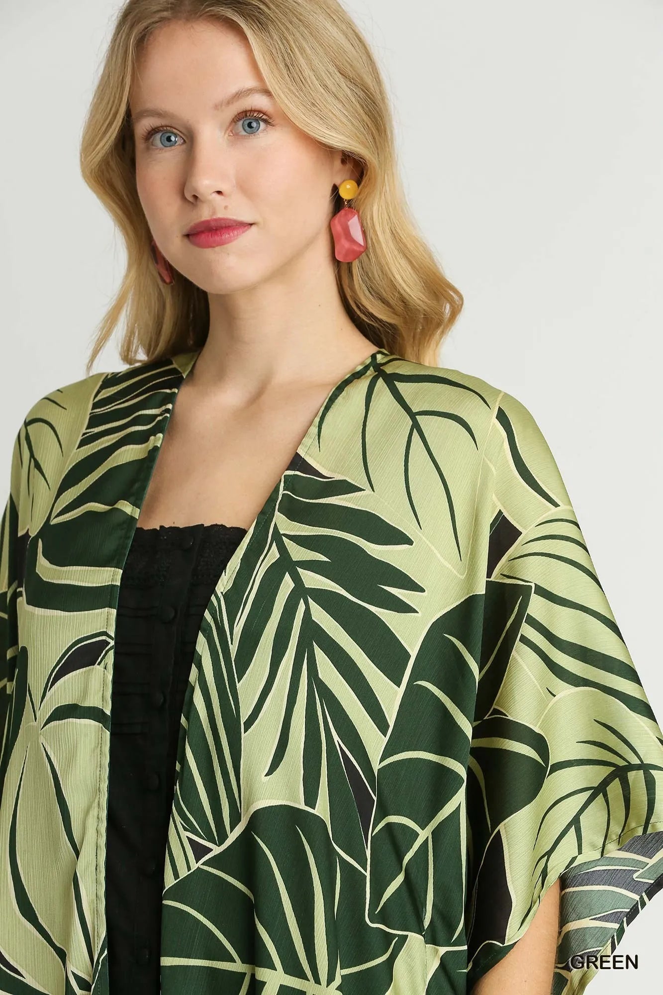 Umgee Satin Tropical Plant Print Open Front Kimono with Ruffle Details - Blu Lotus Boutique