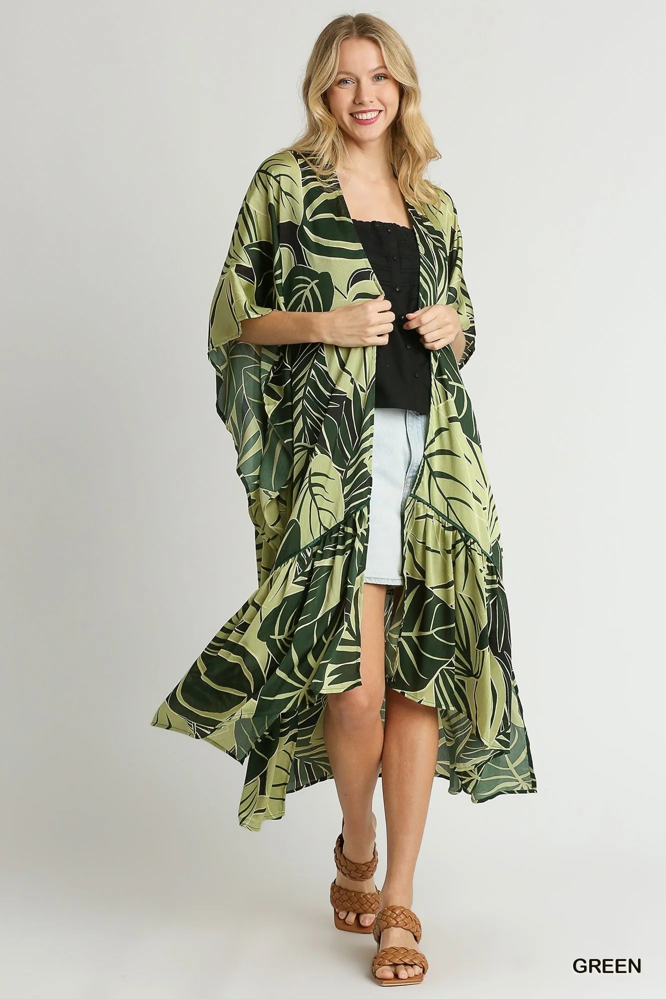 Umgee Satin Tropical Plant Print Open Front Kimono with Ruffle Details - Blu Lotus Boutique