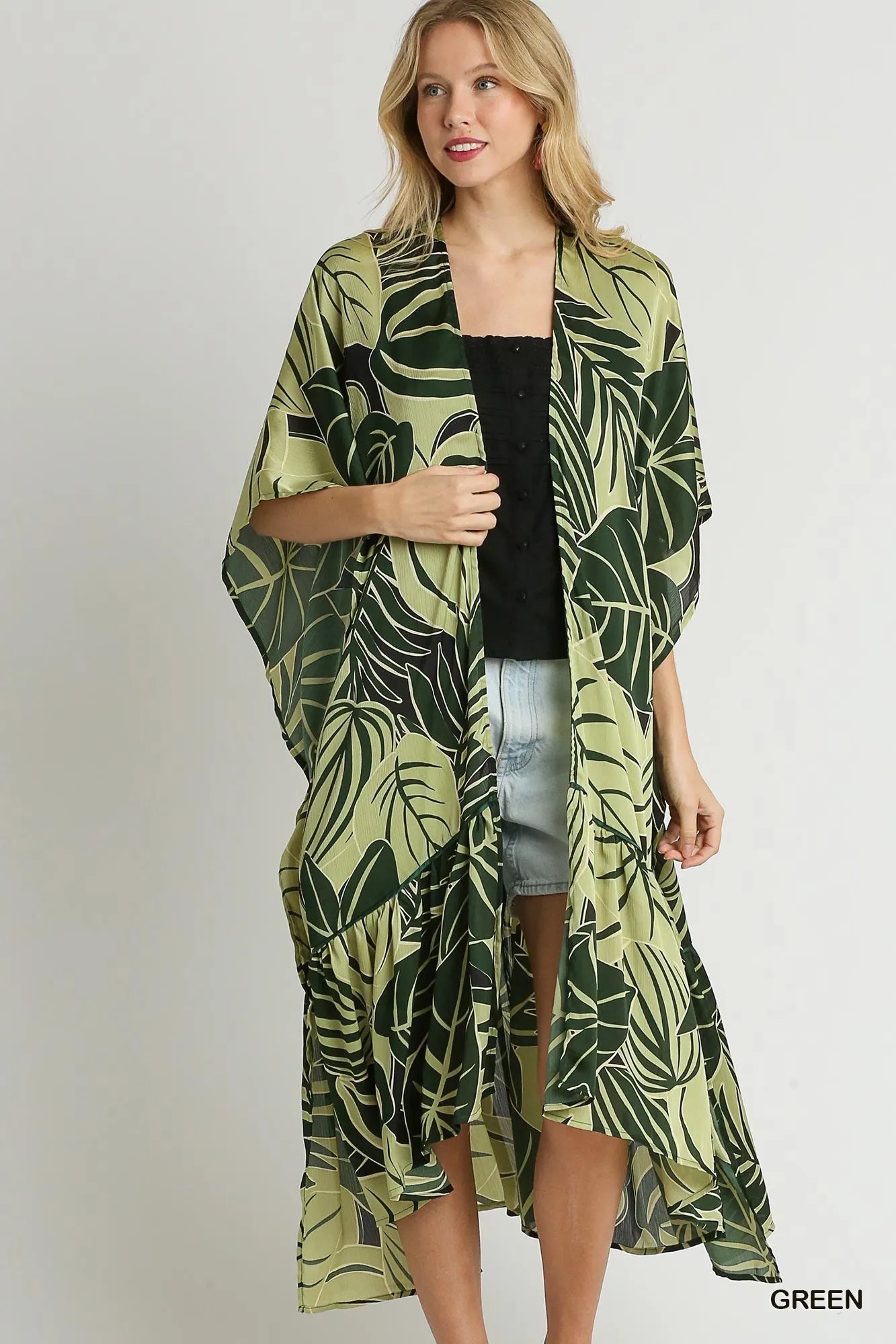 Umgee Satin Tropical Plant Print Open Front Kimono with Ruffle Details - Blu Lotus Boutique