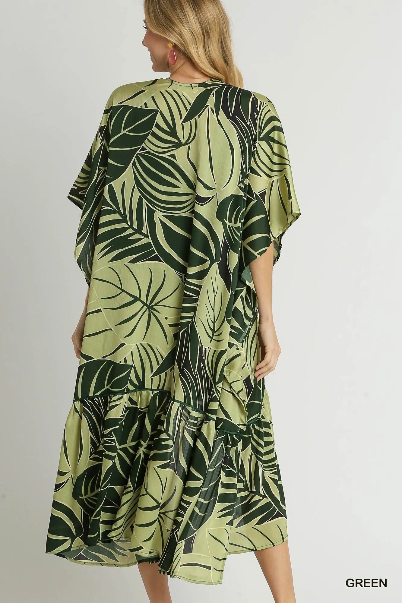 Umgee Satin Tropical Plant Print Open Front Kimono with Ruffle Details - Blu Lotus Boutique