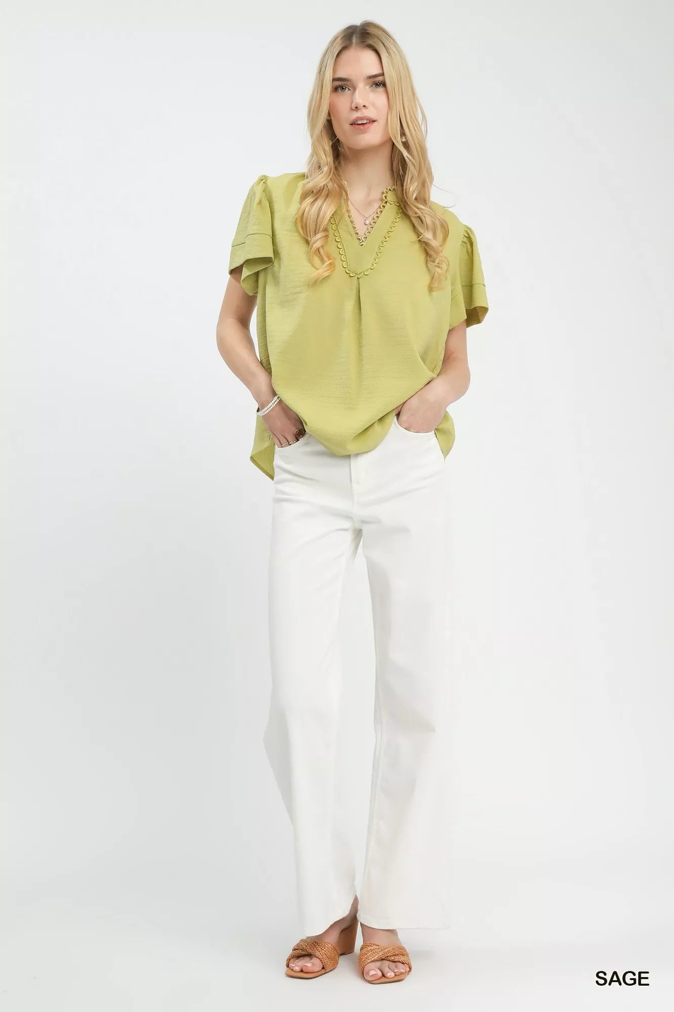 Umgee Seersucker Short Sleeve Top with Lace Trim - Blu Lotus Boutique