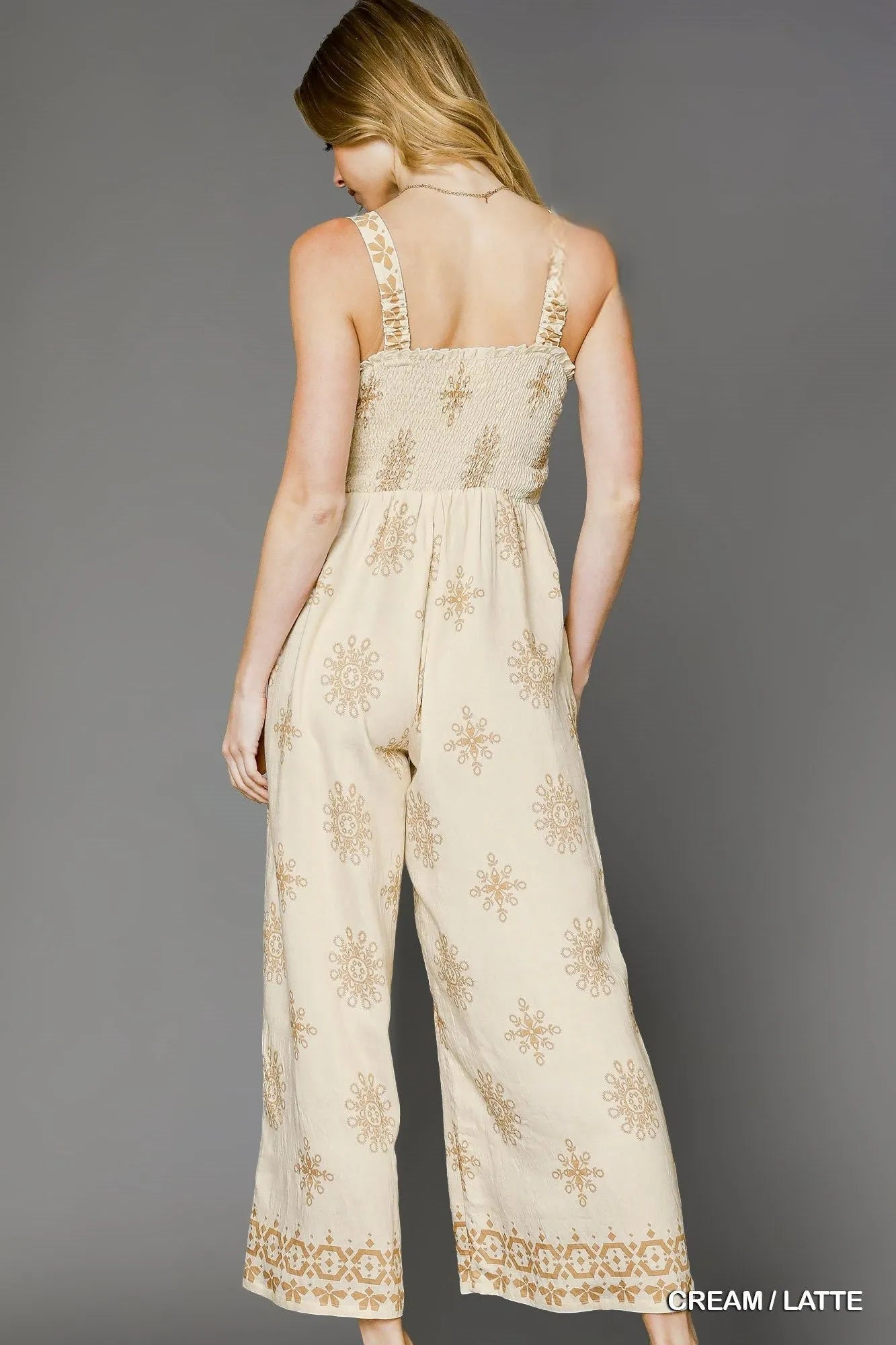 Umgee Smocked Printed Wide Leg Jumpsuit - Blu Lotus Boutique