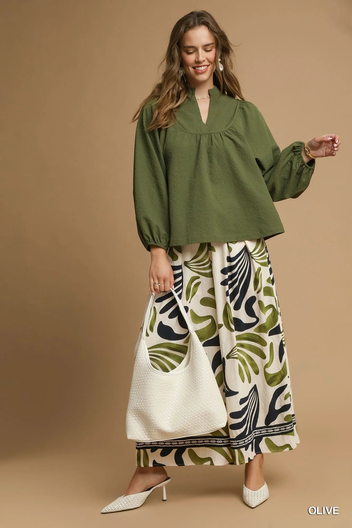 Umgee Textured Notched Blouse with Balloon Sleeves - Blu Lotus Boutique