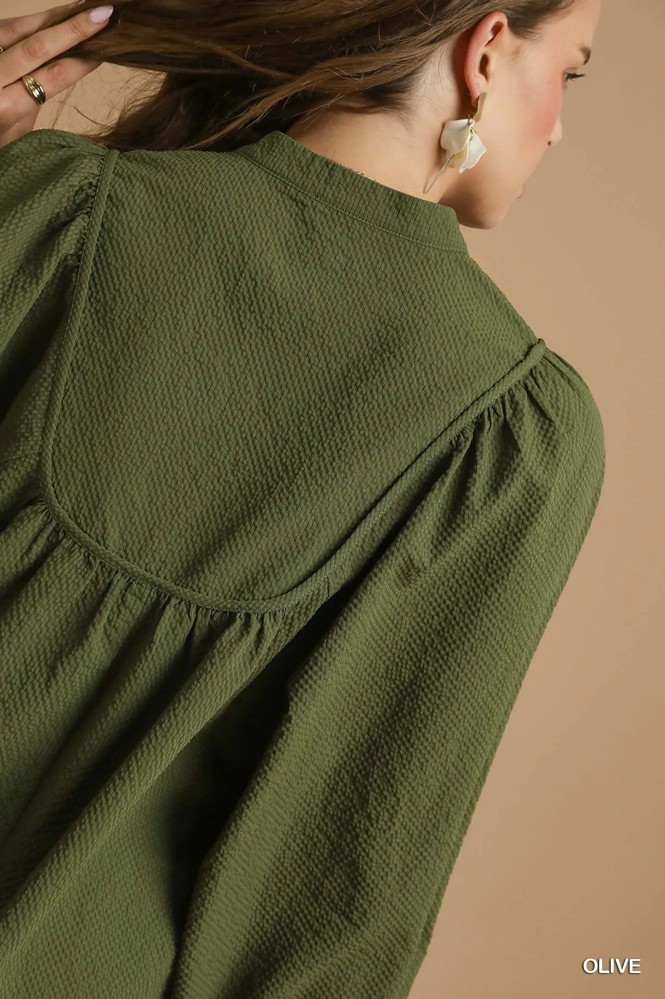 Umgee Textured Notched Blouse with Balloon Sleeves - Blu Lotus Boutique
