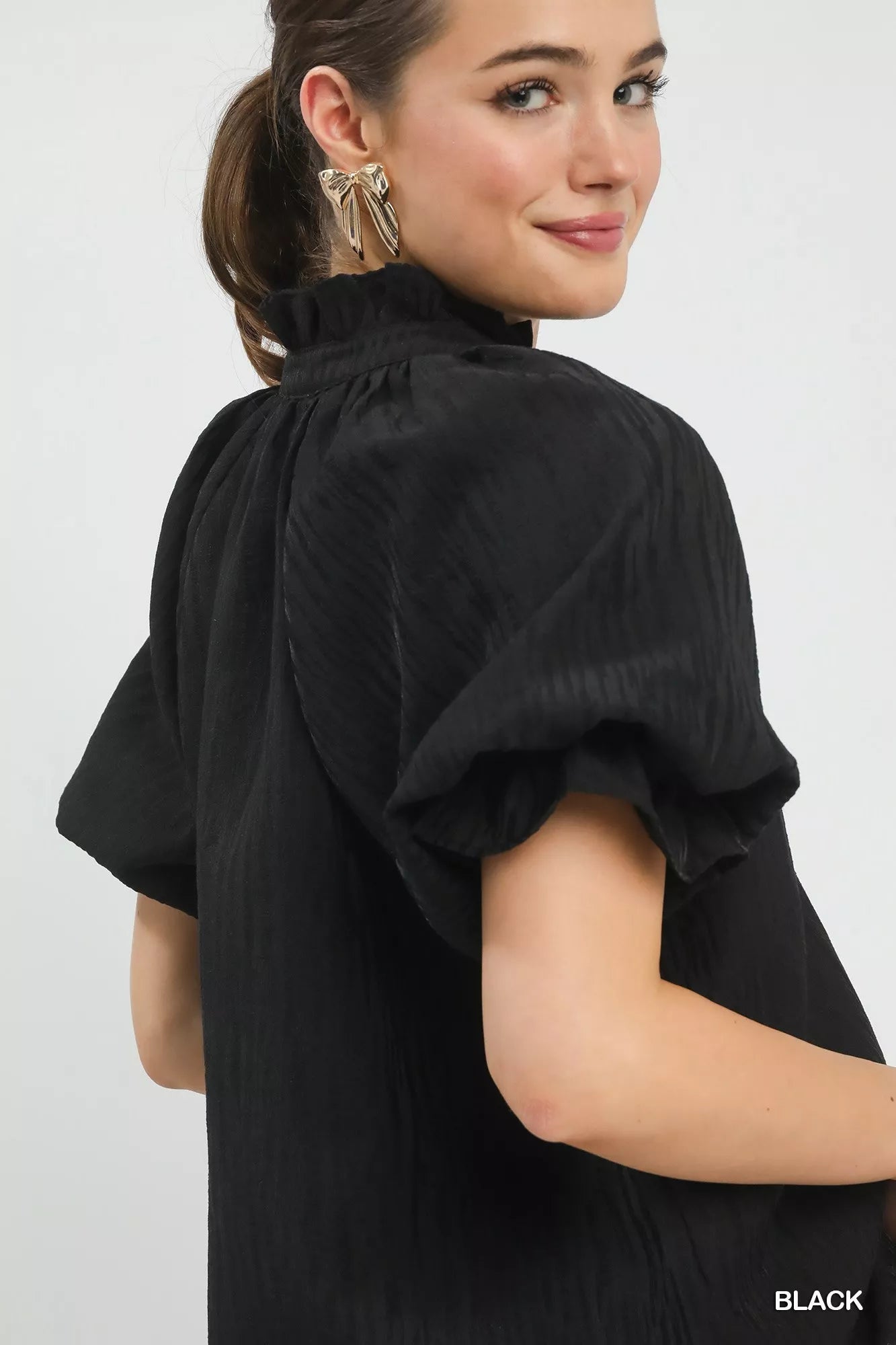 Umgee Textured Puff Sleeve Split Neck Top - Blu Lotus Boutique