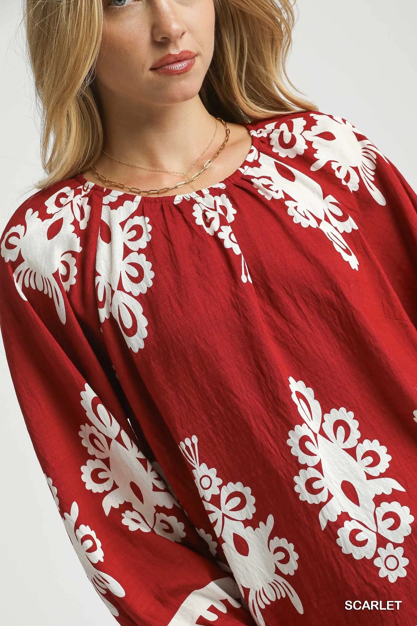 Umgee Two Tone Border Print Top with Balloon Sleeves - Blu Lotus Boutique