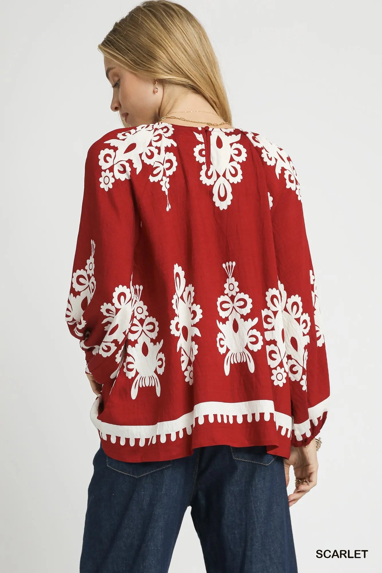 Umgee Two Tone Border Print Top with Balloon Sleeves - Blu Lotus Boutique
