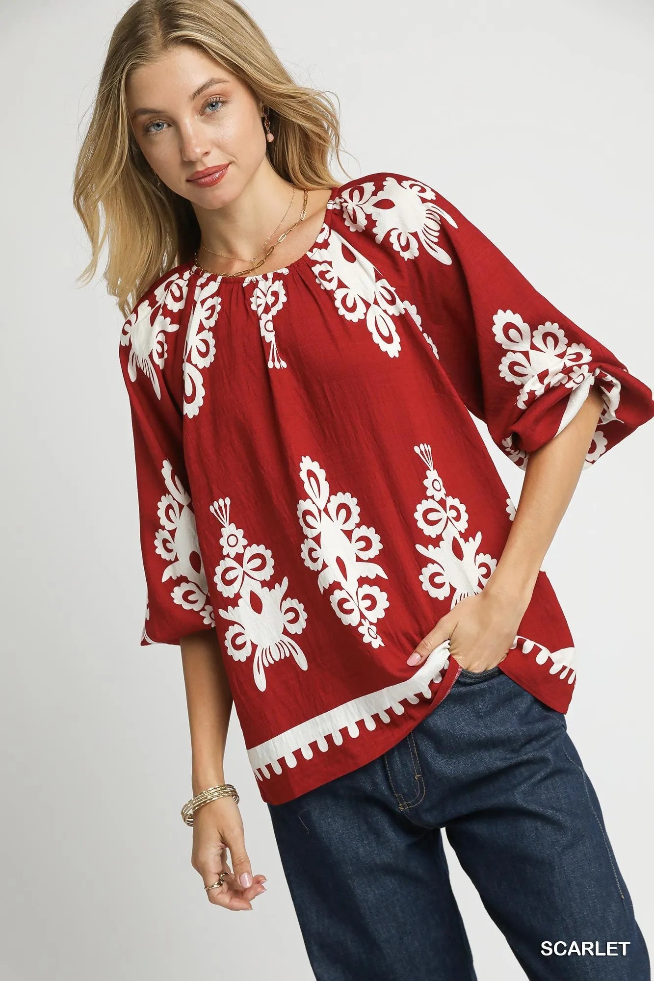 Umgee Two Tone Border Print Top with Balloon Sleeves - Blu Lotus Boutique