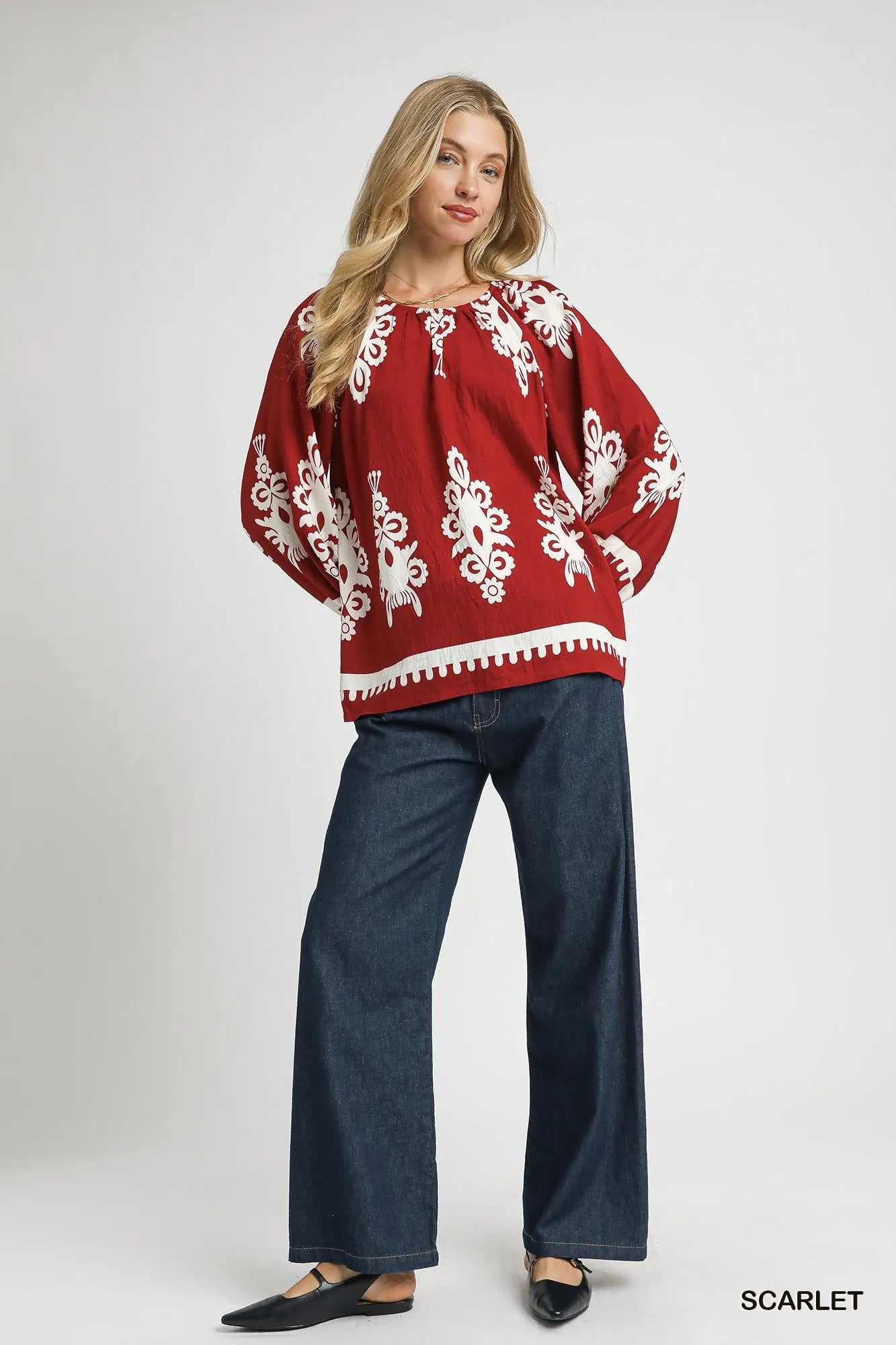 Umgee Two Tone Border Print Top with Balloon Sleeves - Blu Lotus Boutique
