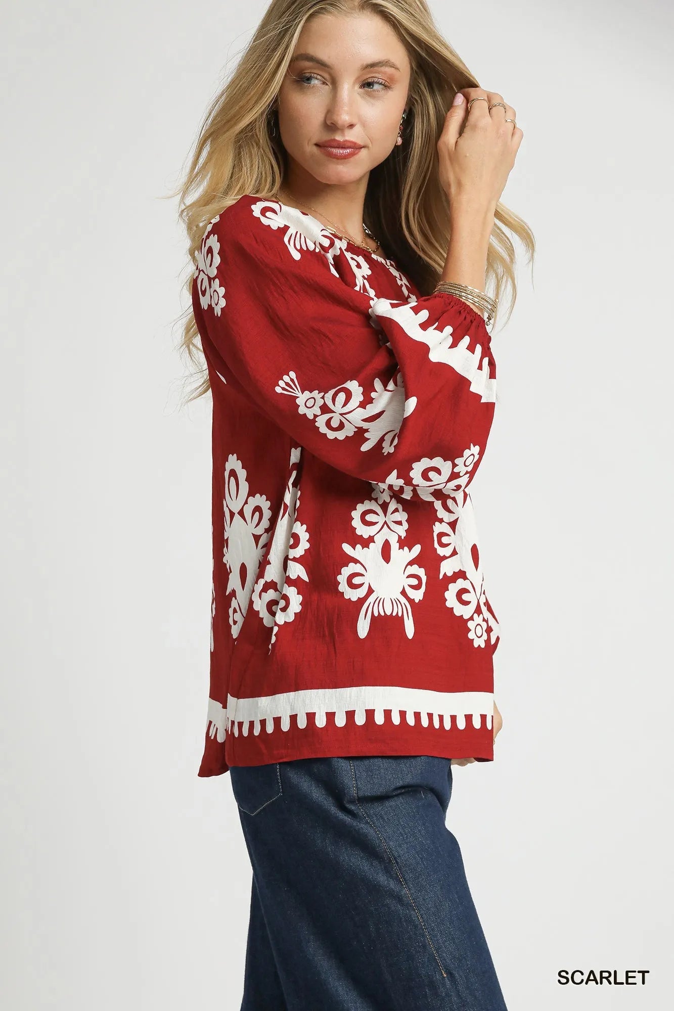 Umgee Two Tone Border Print Top with Balloon Sleeves - Blu Lotus Boutique