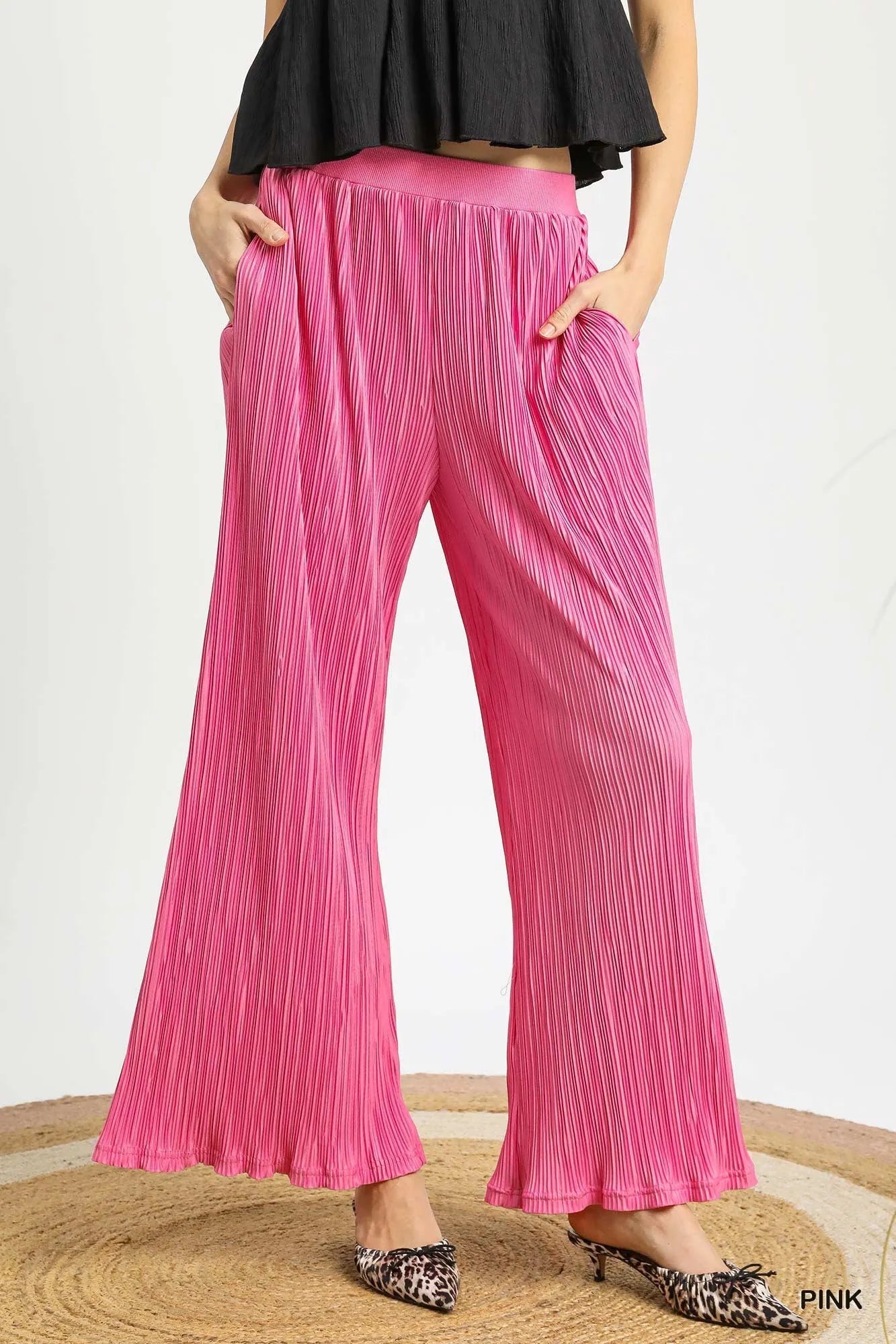 Umgee Wide Leg Textured Pants - Blu Lotus Boutique