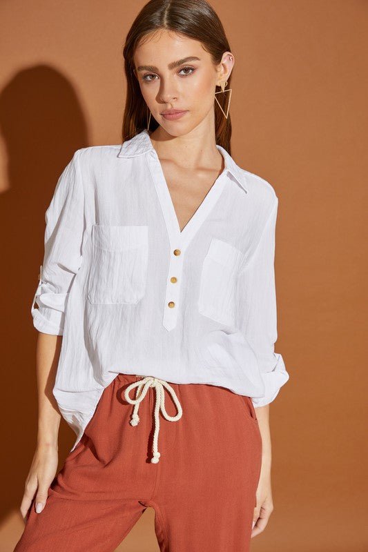 V Neck Button Down Henley Shirt - Blu Lotus Boutique