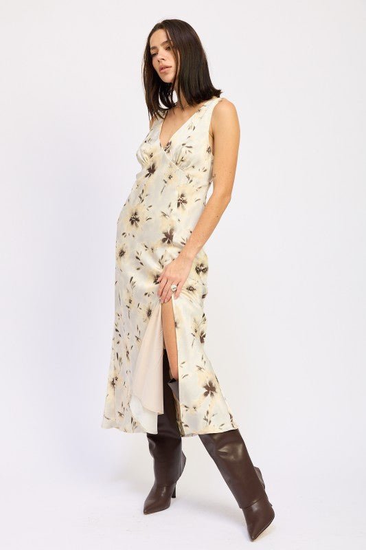 V NECK FLORAL MIDI BIAS DRESS WITH SLIT - Blu Lotus Boutique