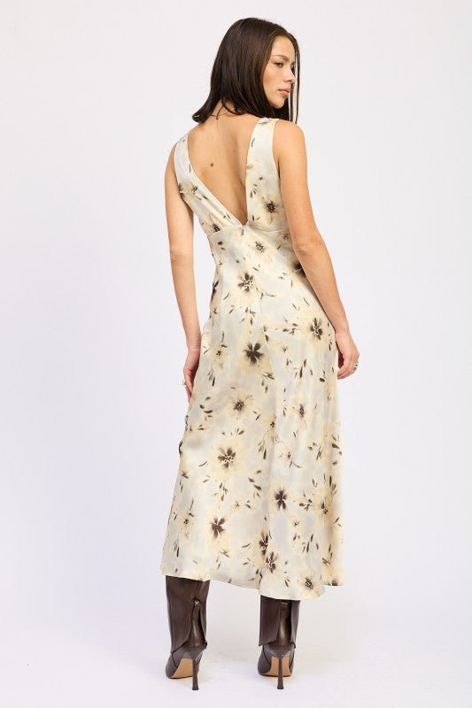 V NECK FLORAL MIDI BIAS DRESS WITH SLIT - Blu Lotus Boutique