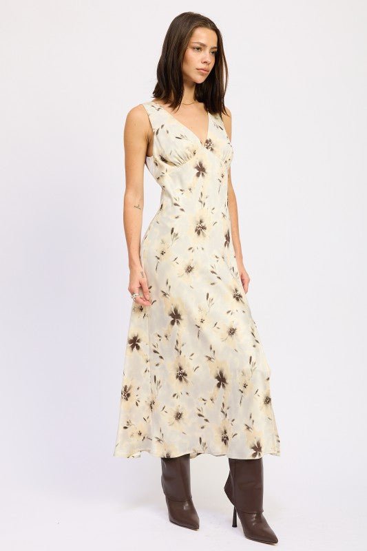 V NECK FLORAL MIDI BIAS DRESS WITH SLIT - Blu Lotus Boutique
