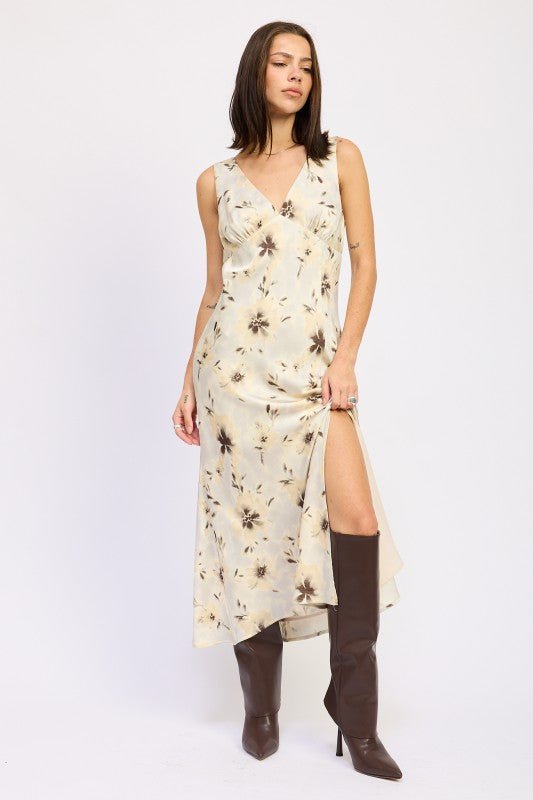 V NECK FLORAL MIDI BIAS DRESS WITH SLIT - Blu Lotus Boutique