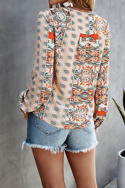 V Neck Graphic Pattern Notched Neck Blouse - Blu Lotus Boutique