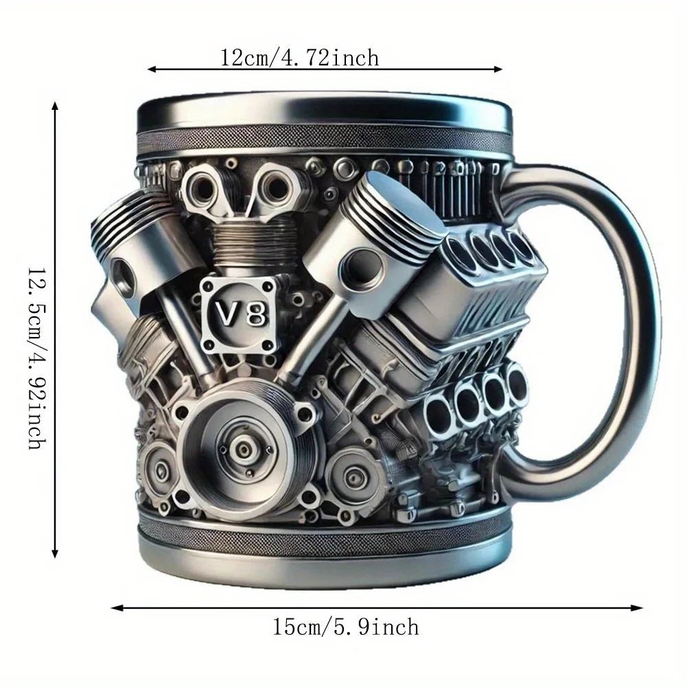 V8 Engines Stainless Steel 7 OZ Insulated Handle Coffee Mug - Creative Automotive Engine Design - Blu Lotus Boutique