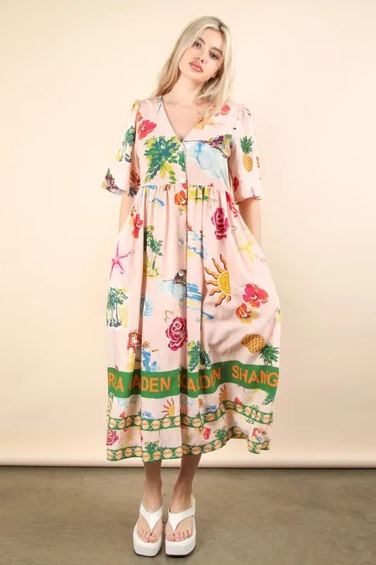 VERY J Button Down Printed Midi Dress - Blu Lotus Boutique