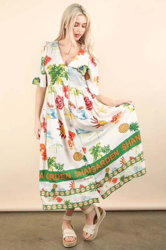 VERY J Button Down Printed Midi Dress - Blu Lotus Boutique