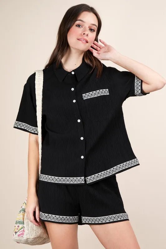 VERY J Crinkled Woven Shirt Top & Shorts Set - Blu Lotus Boutique