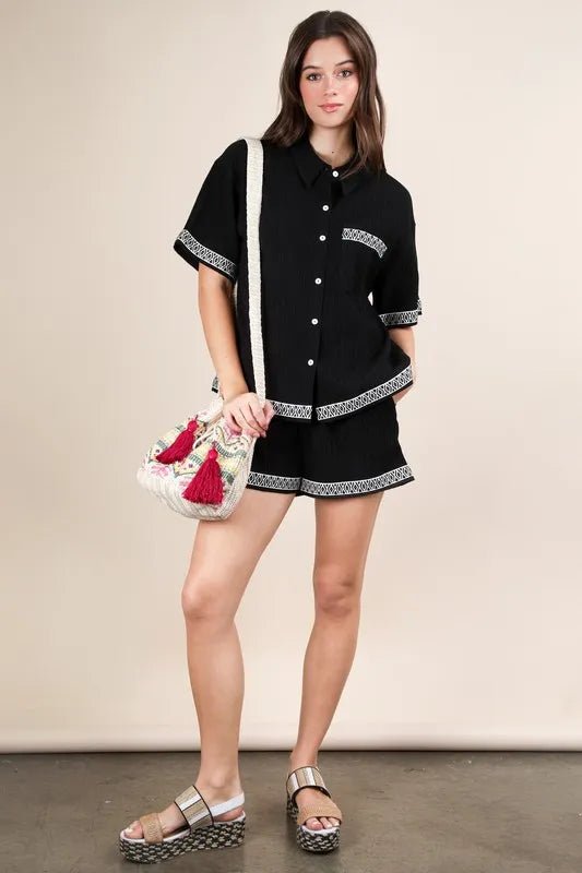 VERY J Crinkled Woven Shirt Top & Shorts Set - Blu Lotus Boutique