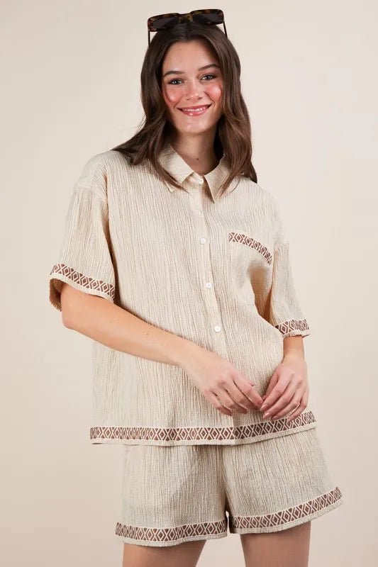 VERY J Crinkled Woven Shirt Top & Shorts Set - Blu Lotus Boutique
