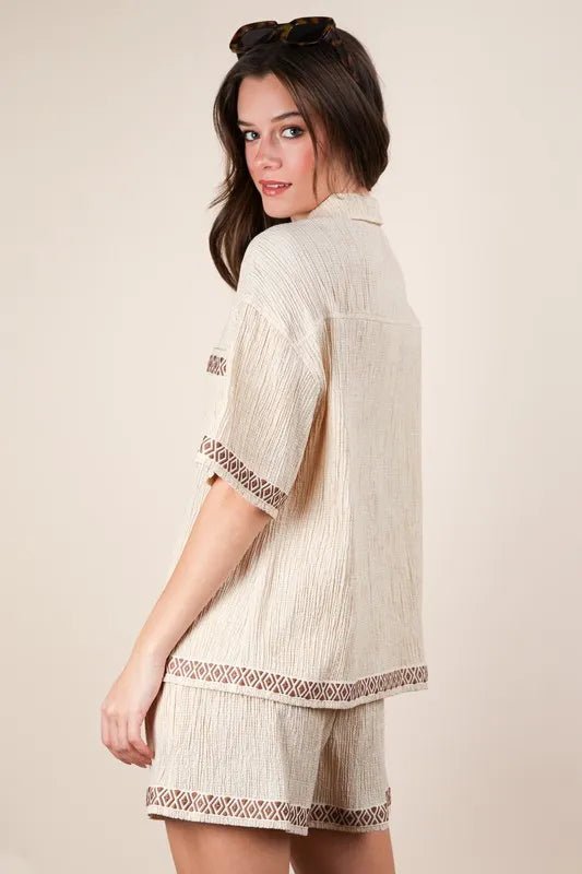 VERY J Crinkled Woven Shirt Top & Shorts Set - Blu Lotus Boutique