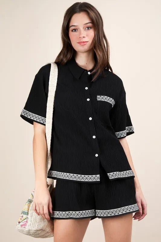 VERY J Crinkled Woven Shirt Top & Shorts Set - Blu Lotus Boutique