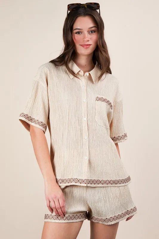 VERY J Crinkled Woven Shirt Top & Shorts Set - Blu Lotus Boutique