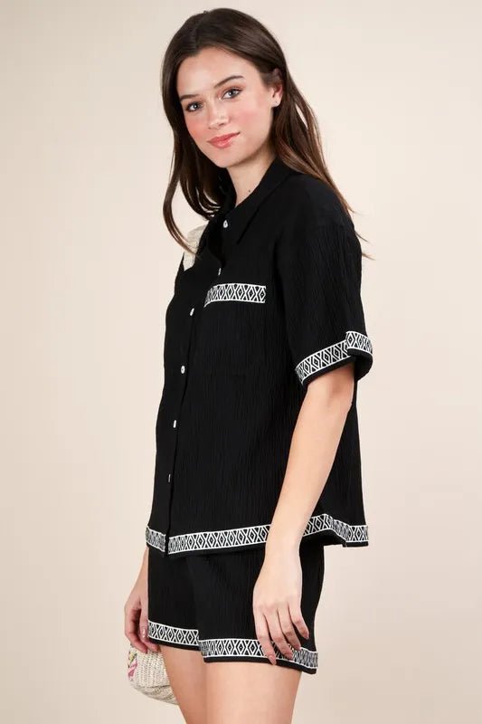 VERY J Crinkled Woven Shirt Top & Shorts Set - Blu Lotus Boutique