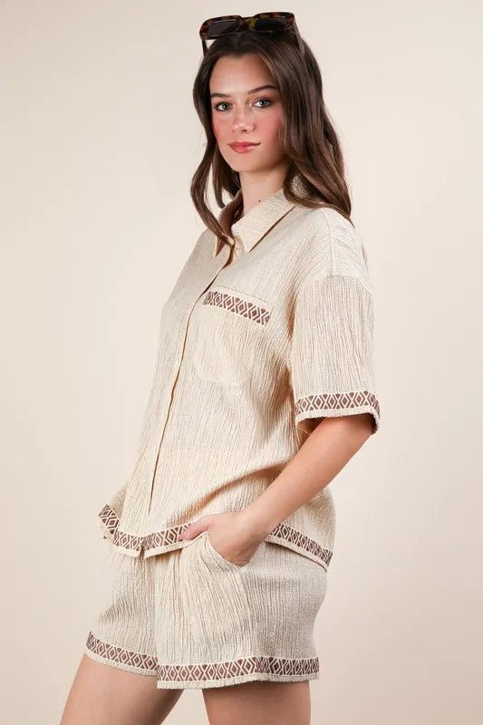 VERY J Crinkled Woven Shirt Top & Shorts Set - Blu Lotus Boutique