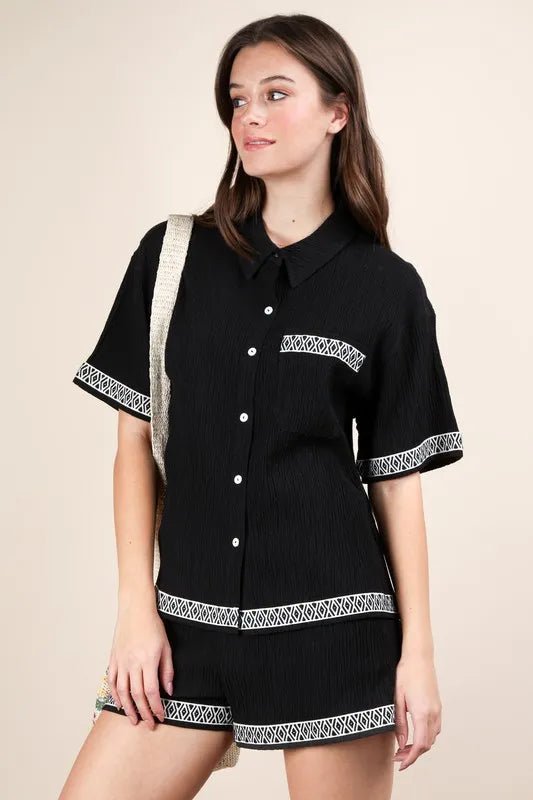 VERY J Crinkled Woven Shirt Top & Shorts Set - Blu Lotus Boutique