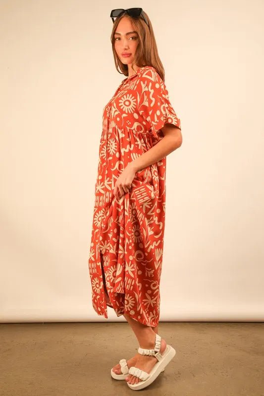VERY J Full Size Oversized Printed Shirt Midi Dress Plus Size - Blu Lotus Boutique