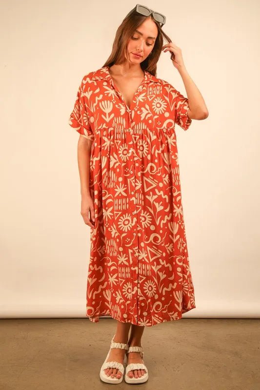 VERY J Full Size Oversized Printed Shirt Midi Dress Plus Size - Blu Lotus Boutique