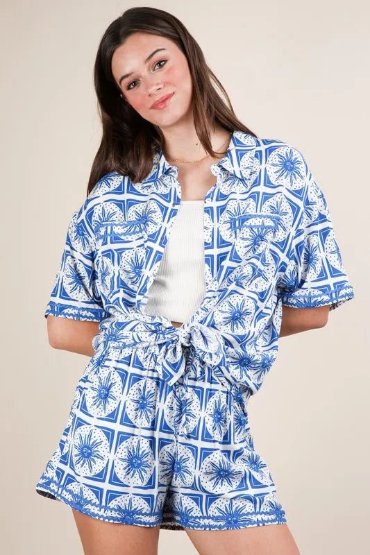 VERY J Full Size Tropical Printed Shirt Top and Shorts Set Plus Size - Blu Lotus Boutique
