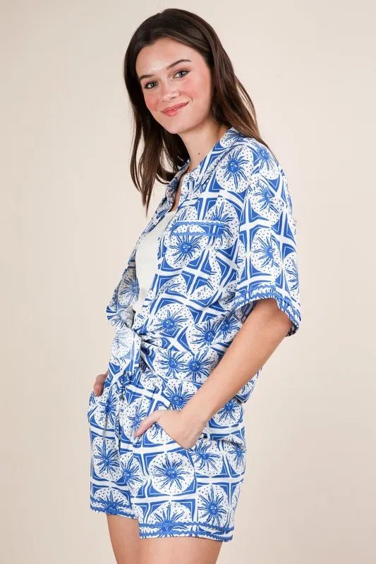 VERY J Full Size Tropical Printed Shirt Top and Shorts Set Plus Size - Blu Lotus Boutique